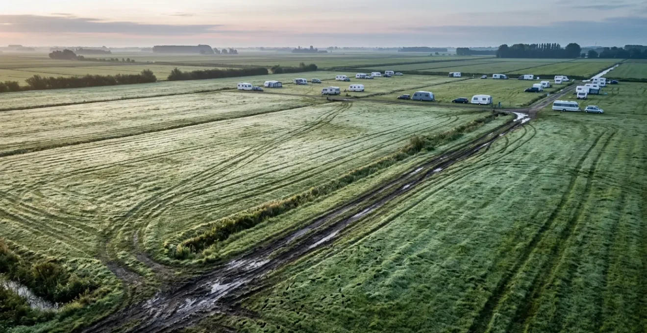 Auto met caravan vastgelopen op nat gras camping