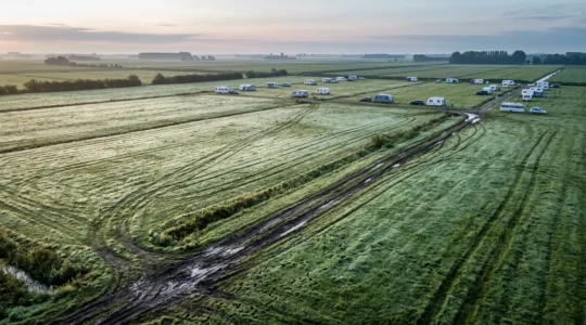 Auto met caravan vastgelopen op nat gras camping