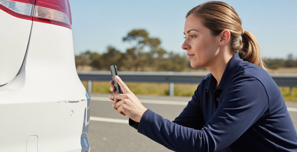 Bestuurder maakt foto van kleine schade aan bumper met smartphone