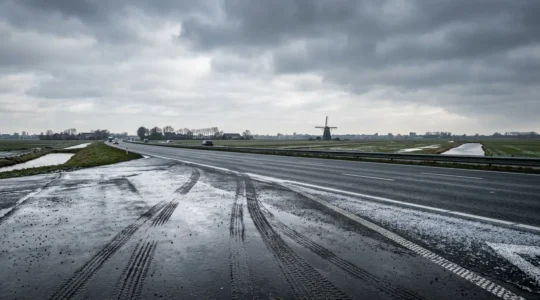 Nederlandse auto op een weg met verschillende weersomstandigheden