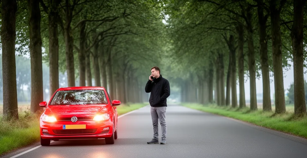 Auto met alarmlichten langs de weg terwijl bestuurder belt