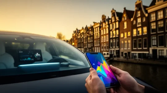 Elektrische auto met digitale inkomstengrafiek bij Nederlandse grachten