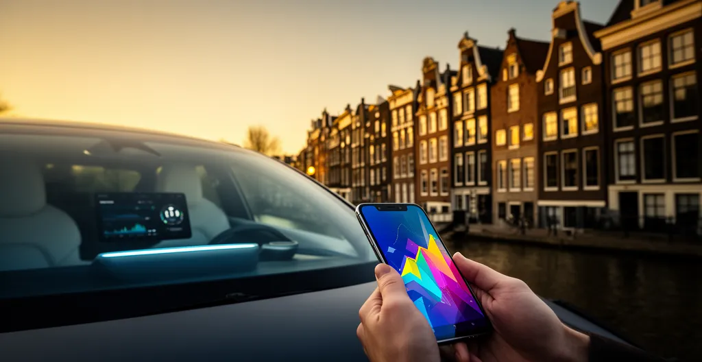 Elektrische auto met digitale inkomstengrafiek bij Nederlandse grachten