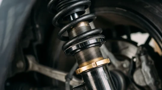 Close-up van sportieve verlaagde auto-ophanging met zichtbare schroefset en veren