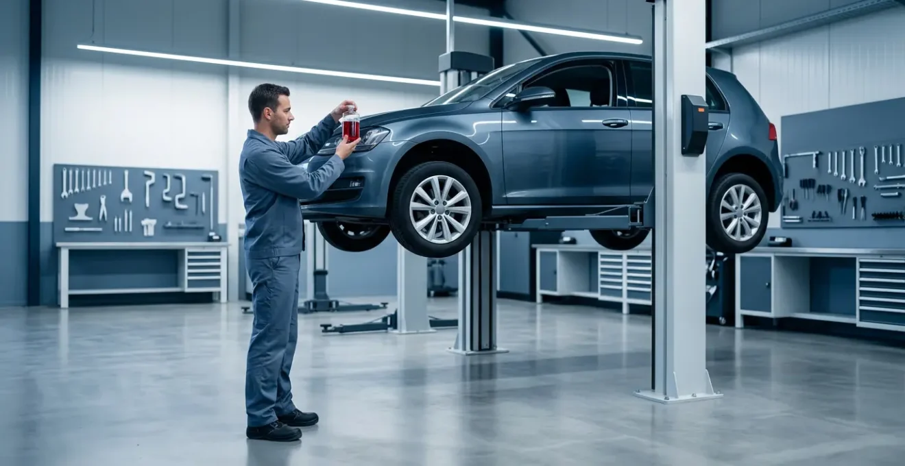 Onderhoudsmonteur controleert automatische versnellingsbak olie in moderne werkplaats