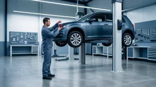 Onderhoudsmonteur controleert automatische versnellingsbak olie in moderne werkplaats