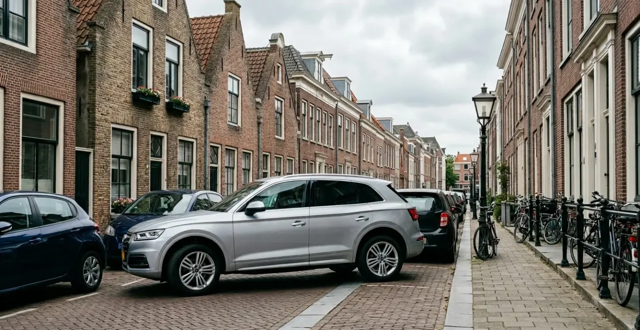 Een moderne auto parkeert automatisch in een krappe parkeerplaats in een Nederlandse stad