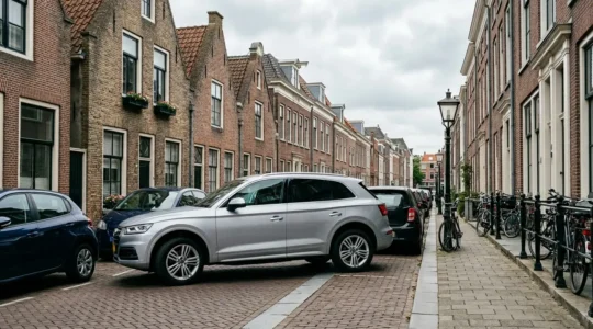 Een moderne auto parkeert automatisch in een krappe parkeerplaats in een Nederlandse stad
