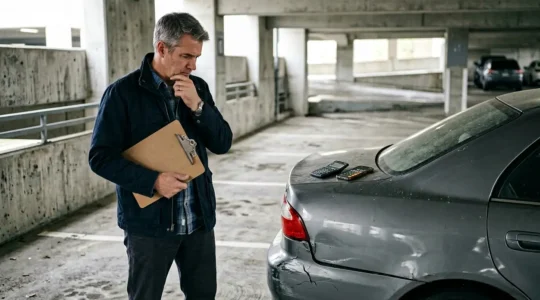 Bestuurder beoordeelt schadeformulieren en rekenmachine bij beschadigde auto