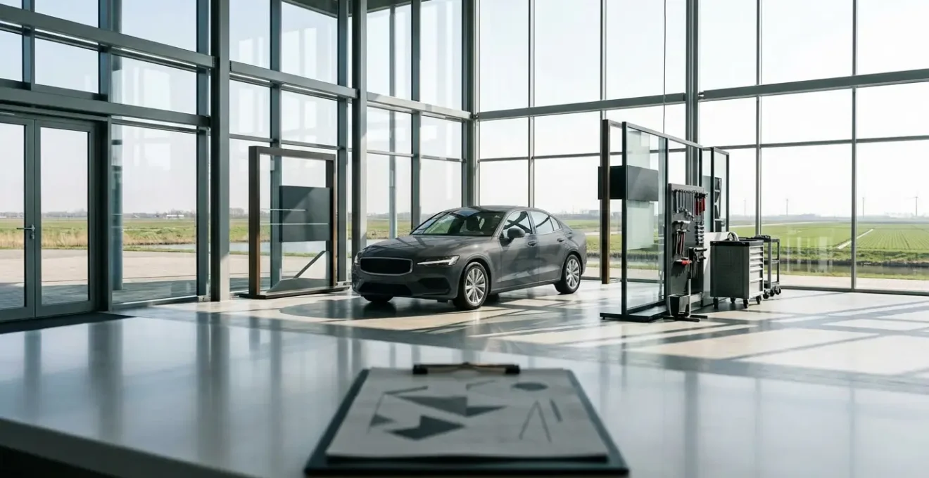 Autodealer showroom met transparante vergelijking van garantievoorwaarden
