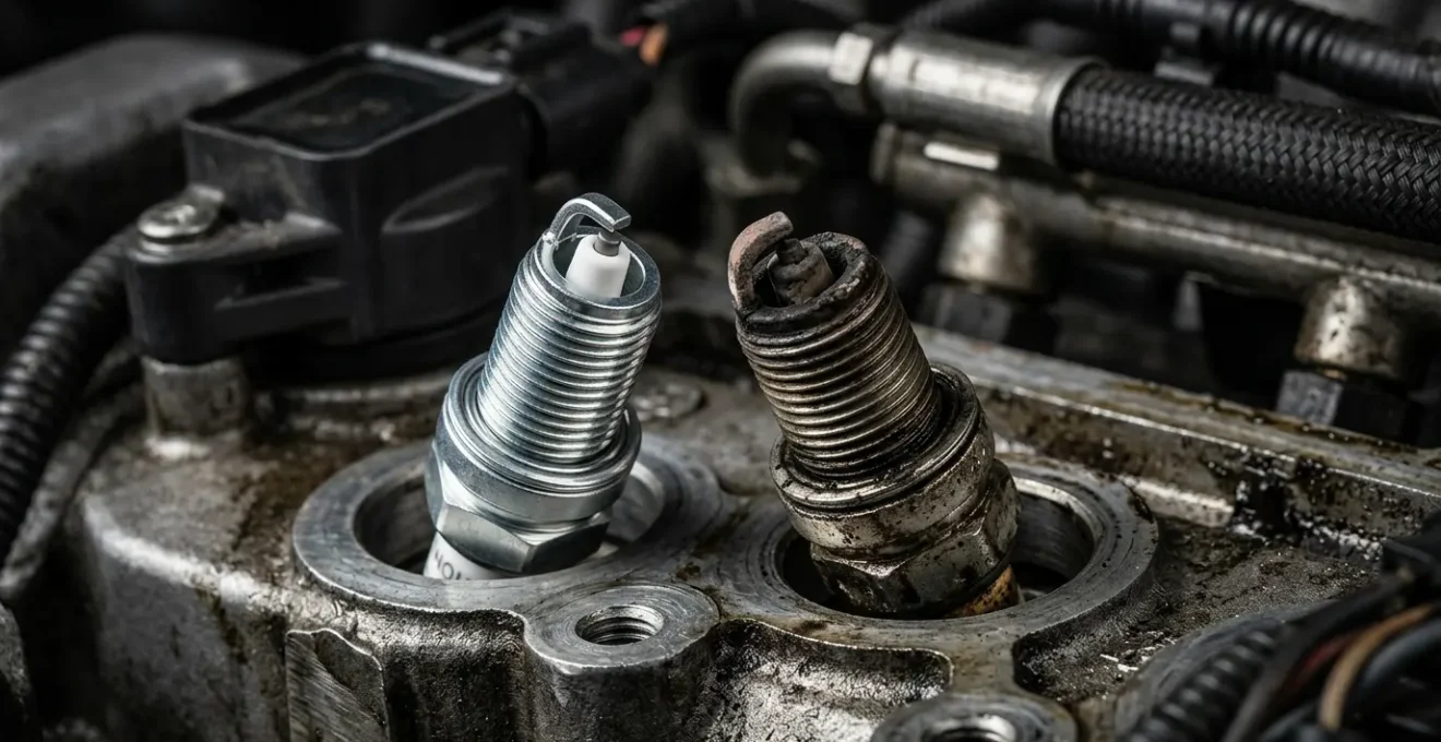 Detail van een automotor met focus op de bougies en brandstofinjectors