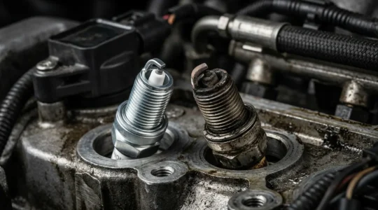 Detail van een automotor met focus op de bougies en brandstofinjectors