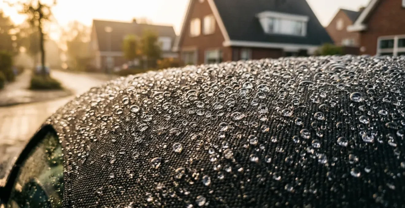 Close-up van regendruppels op een glanzend cabriodak in Nederland