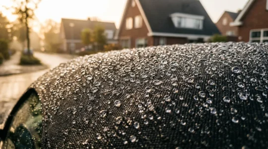 Close-up van regendruppels op een glanzend cabriodak in Nederland