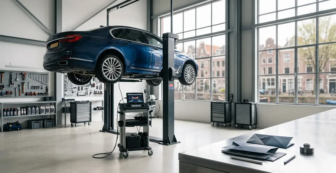 Auto in Nederlandse werkplaats met chiptuning apparatuur en verzekeringsdocumenten