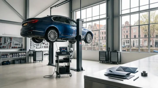 Auto in Nederlandse werkplaats met chiptuning apparatuur en verzekeringsdocumenten