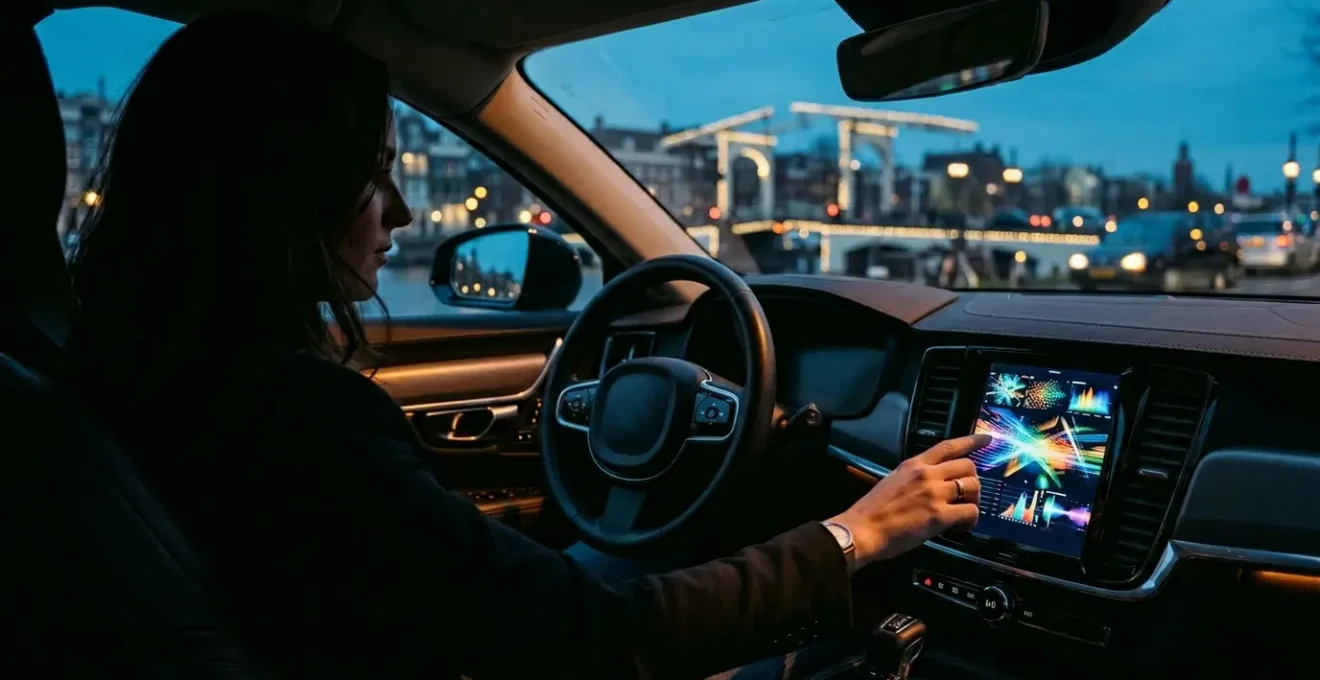 Bestuurder gebruikt connected services dashboard in moderne auto