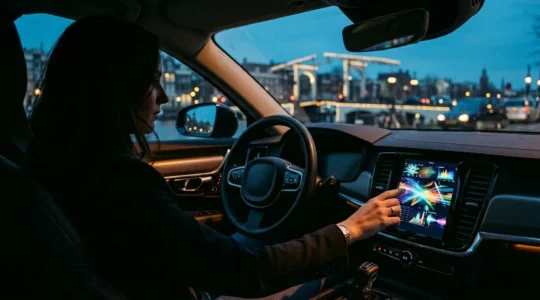 Bestuurder gebruikt connected services dashboard in moderne auto