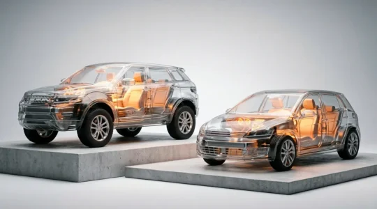 Moderne crossover naast hatchback met transparante carrosserieën die identieke binnenruimtes tonen