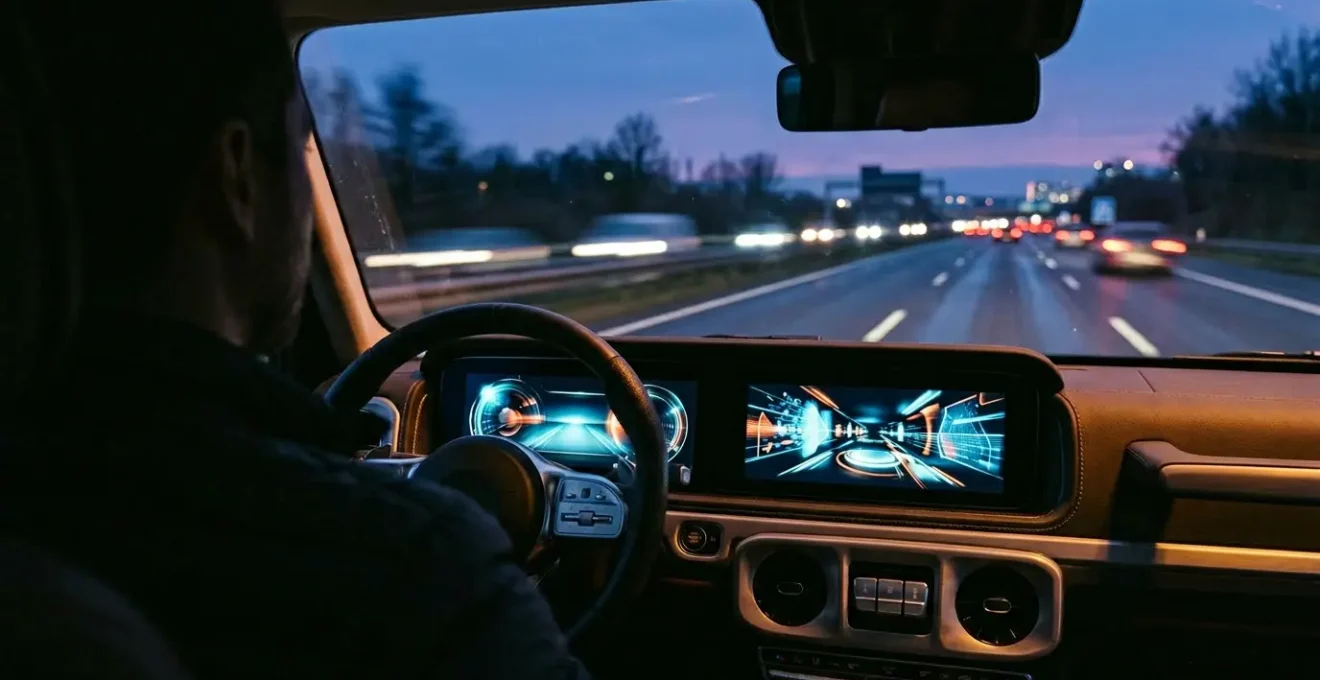 Modern digitaal dashboard in auto toont complexe informatie terwijl bestuurder rijdt