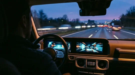 Modern digitaal dashboard in auto toont complexe informatie terwijl bestuurder rijdt