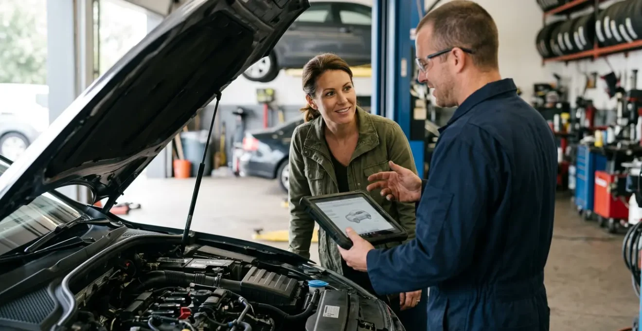 Transparante communicatie tussen monteur en klant bij garage met factuur en auto-onderdelen