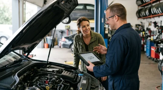 Transparante communicatie tussen monteur en klant bij garage met factuur en auto-onderdelen