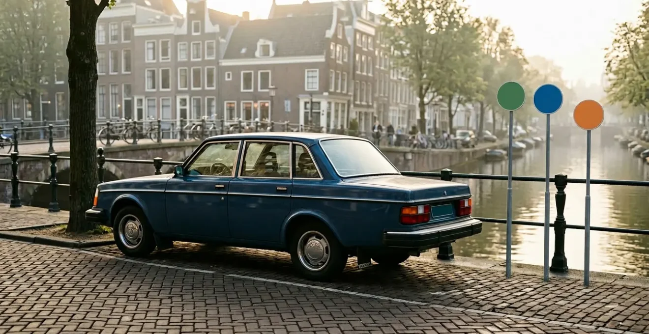 Klassieke auto voor de grachtengordel met milieuzonebordenop de achtergrond