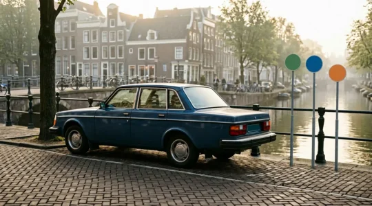 Klassieke auto voor de grachtengordel met milieuzonebordenop de achtergrond