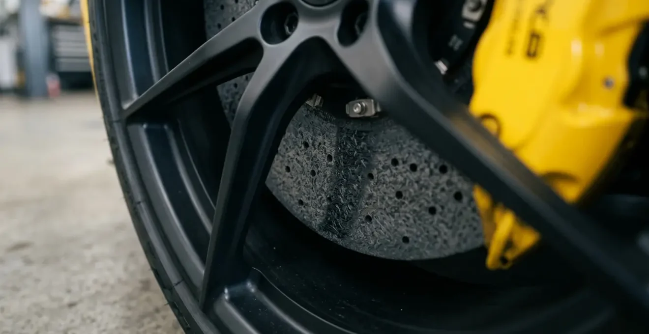 Close-up van keramische remschijven op een sportauto met zichtbare perforaties en gele remklauwen