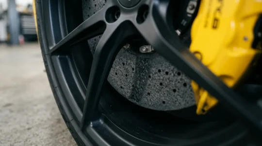 Close-up van keramische remschijven op een sportauto met zichtbare perforaties en gele remklauwen