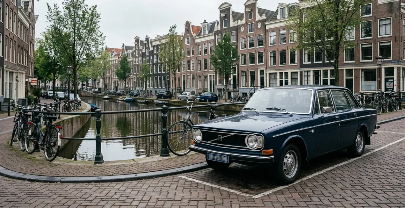 Klassieke auto met donkerblauwe Nederlandse kentekenplaten in karakteristiek Nederlands landschap