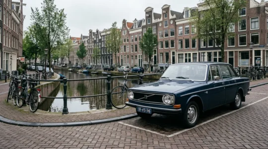Klassieke auto met donkerblauwe Nederlandse kentekenplaten in karakteristiek Nederlands landschap