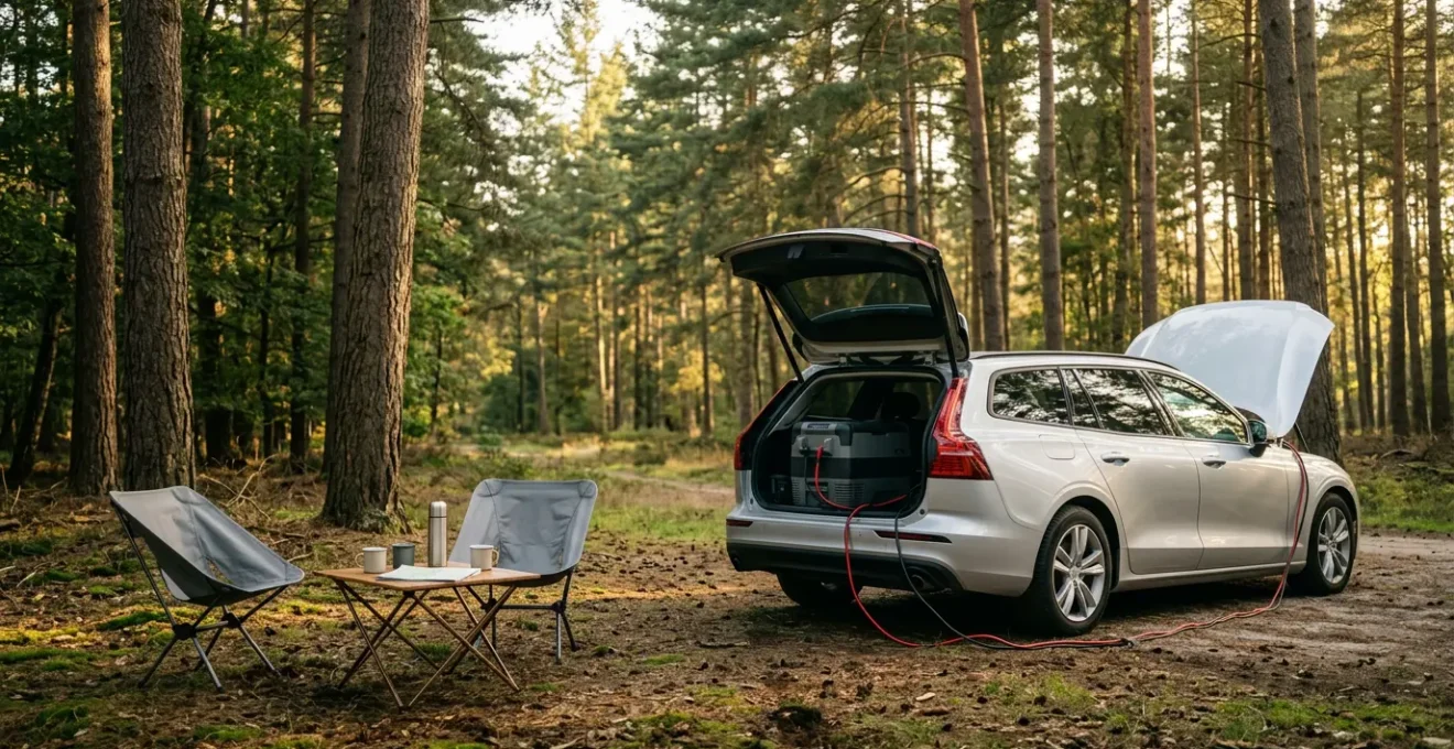 Slimme koelbox verbonden met auto-accu tijdens camping