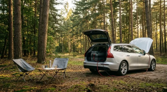 Slimme koelbox verbonden met auto-accu tijdens camping