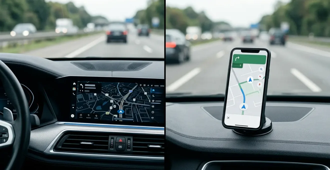 Moderne autodashboard met ingebouwd navigatiescherm naast smartphone met kaartapp
