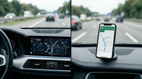Moderne autodashboard met ingebouwd navigatiescherm naast smartphone met kaartapp