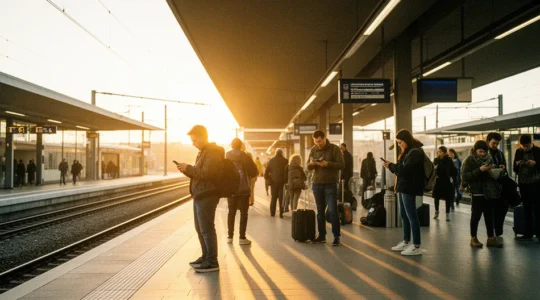 Reiziger gebruikt MaaS-app op perron met verschillende vervoersopties