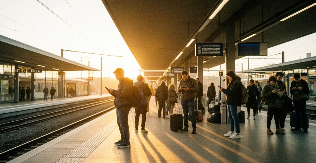 Reiziger gebruikt MaaS-app op perron met verschillende vervoersopties