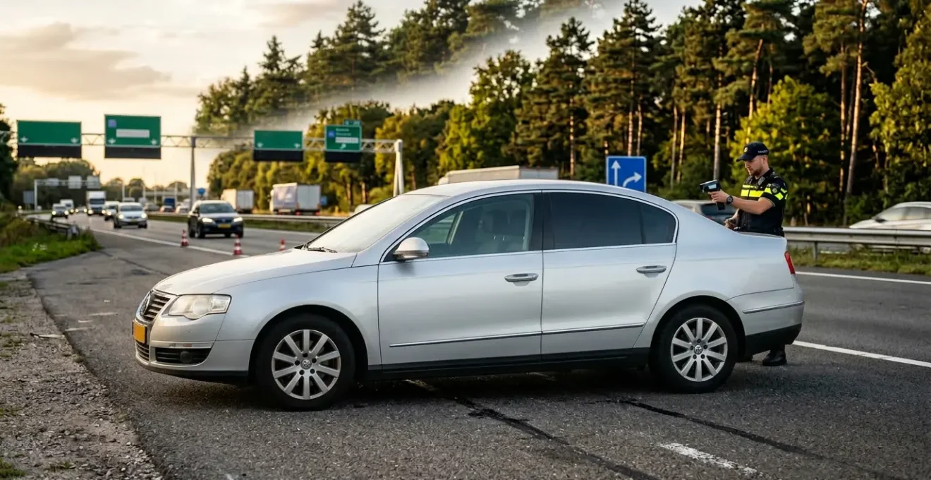 Nederlandse politiecontrole meet lichtdoorlatendheid autoruiten langs snelweg
