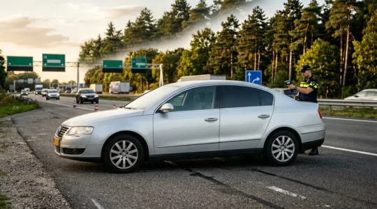 Nederlandse politiecontrole meet lichtdoorlatendheid autoruiten langs snelweg