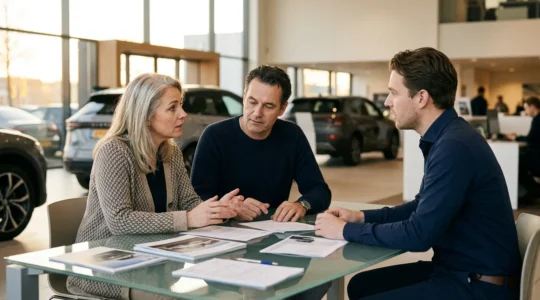 Klanten en adviseur in gesprek over levertijden in moderne autoshowroom