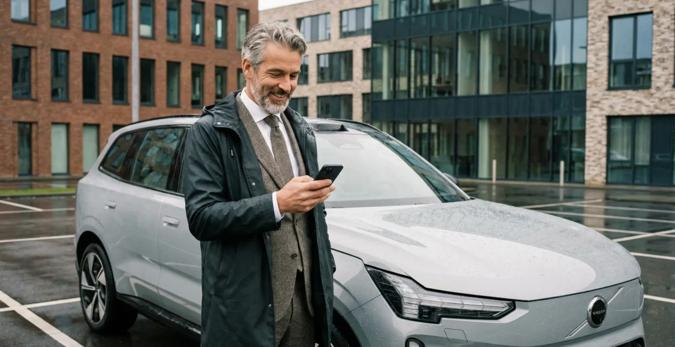 Ondernemer bekijkt leaseauto en controleert dekking