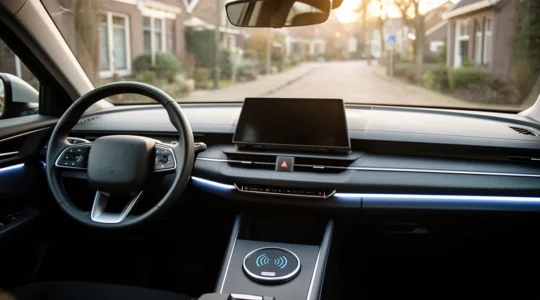 Auto-interieur uit 2010 met moderne aftermarket upgrades zoals CarPlay scherm en head-up display