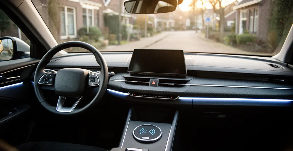 Auto-interieur uit 2010 met moderne aftermarket upgrades zoals CarPlay scherm en head-up display