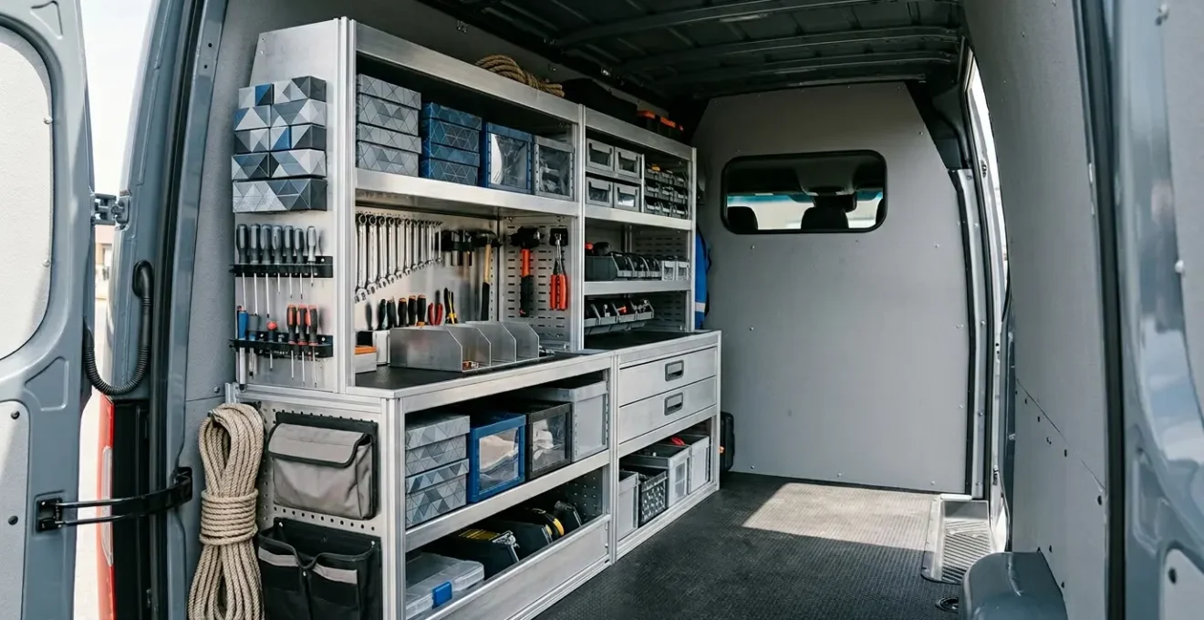 Professionele inrichting van een moderne bestelwagen met modulaire kastensystemen