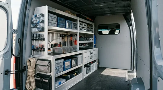 Professionele inrichting van een moderne bestelwagen met modulaire kastensystemen