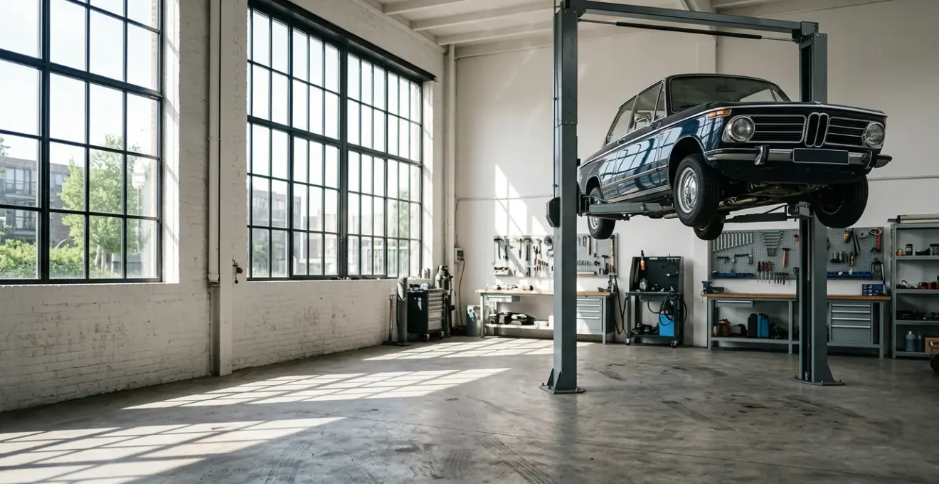 Klassieke auto opgetild in professionele garage tijdens restauratie