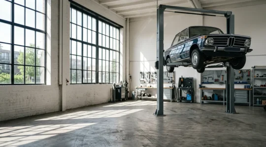 Klassieke auto opgetild in professionele garage tijdens restauratie