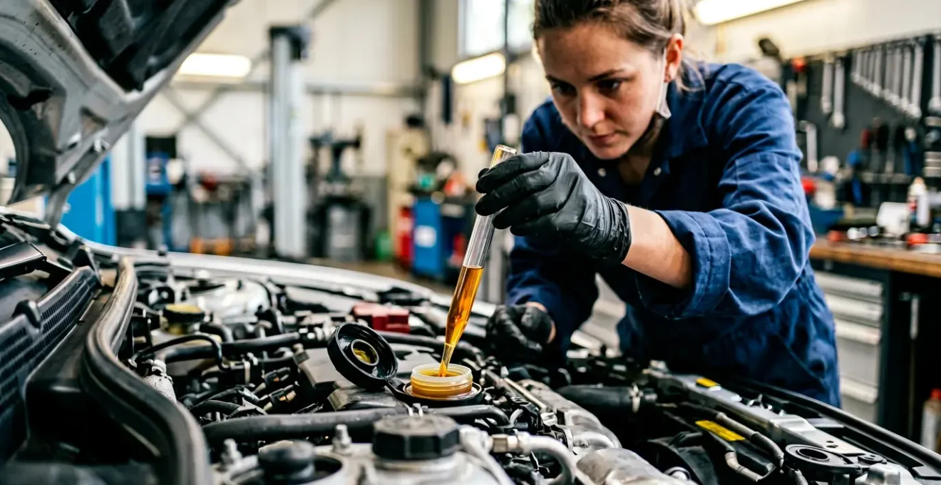 Monteur controleert remvloeistof niveau in auto motor compartiment